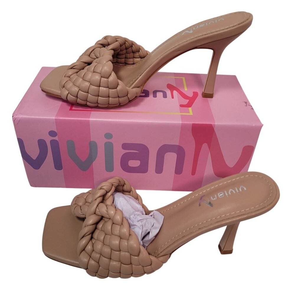 Vivianly Women's Nude Braided Square Open-Toe Stiletto Heels Shoes Size 8
